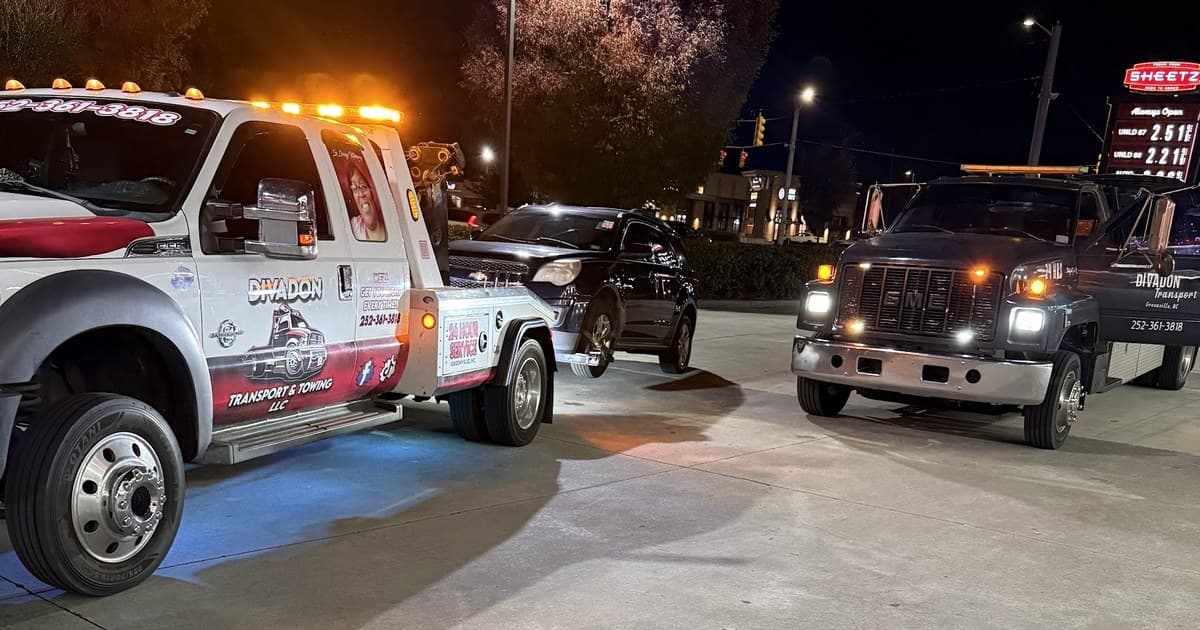 Divadon Transport & Towing wrecker at a nighttime service call in eastern NC